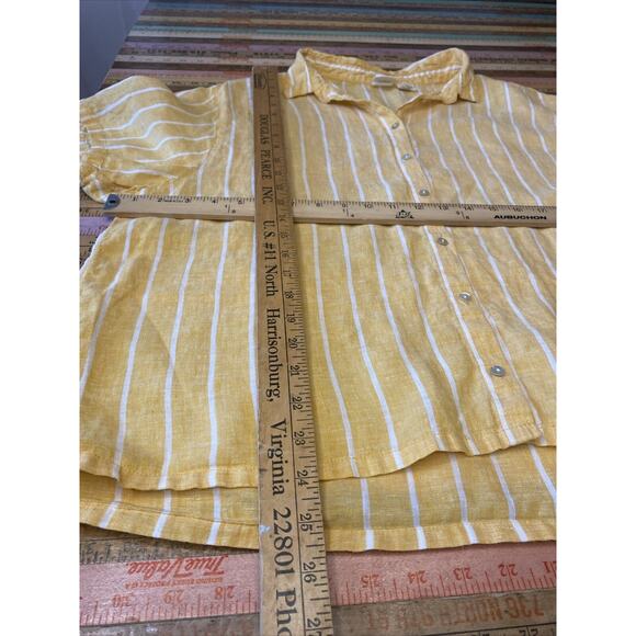 C & C California Top Womens XL 100% LINEN Off Yellow Stripe Button Up Shirt - Picture 10 of 12